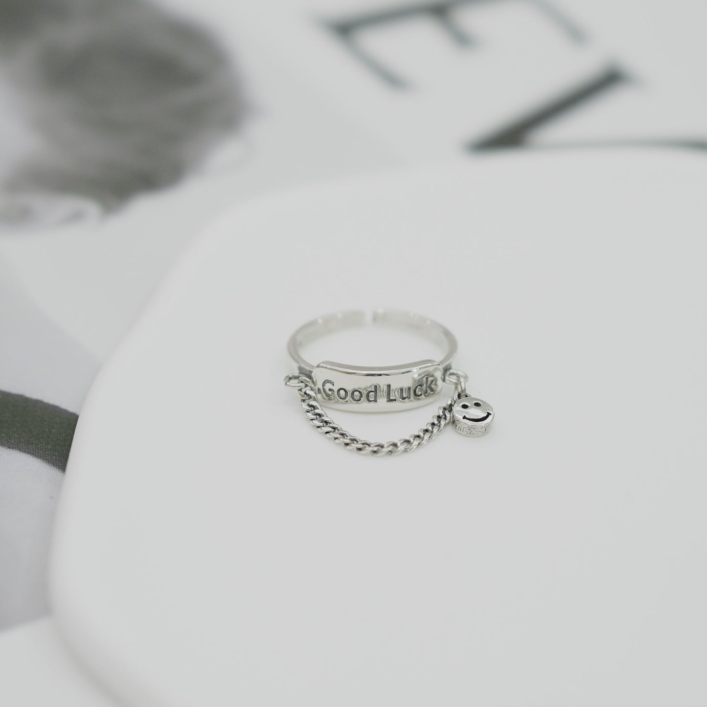 Smiley Lucky Chain Open Ring in Sterling Silver front