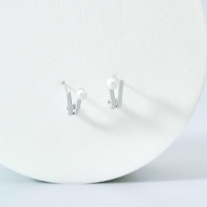 V Shaped Pearl Stud Earrings in Sterling Silver front