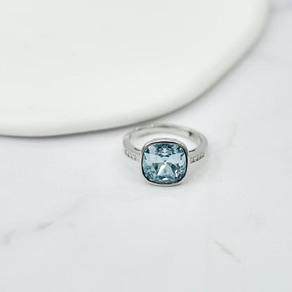 Solitaire Color Swarovski Crystal Ring in Sterling Silver blue ring front