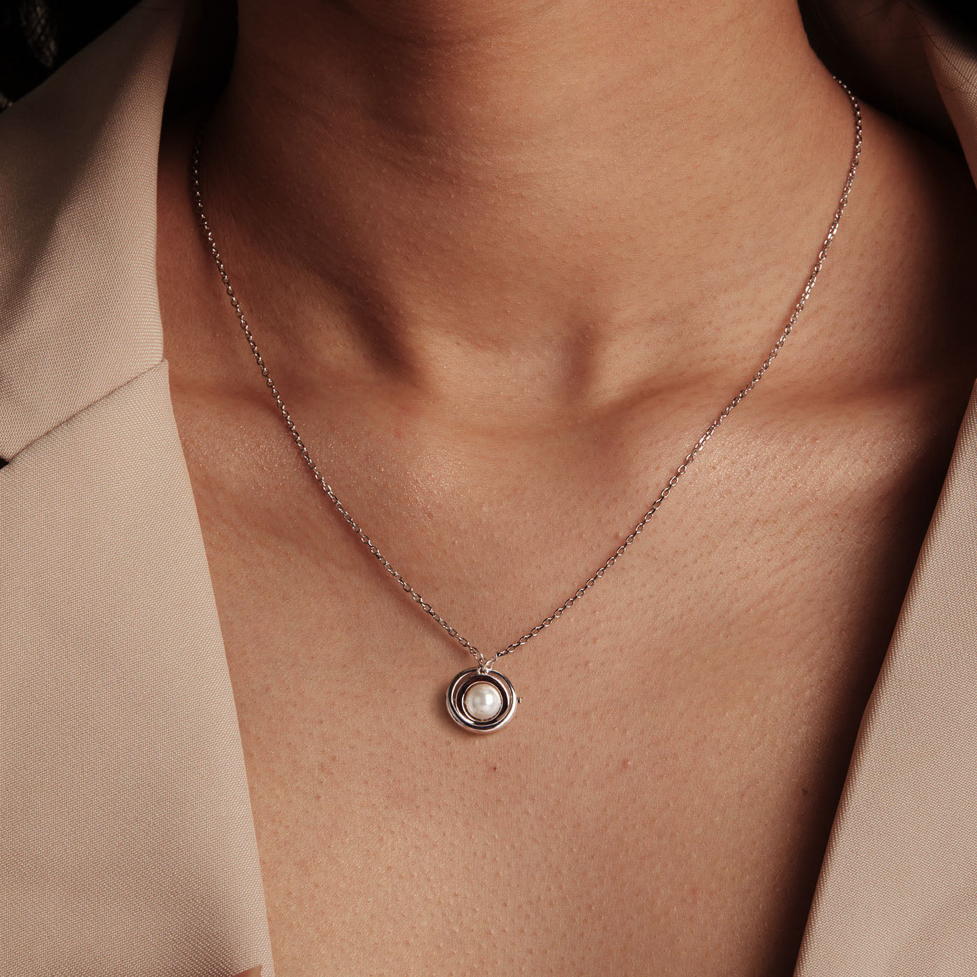 Planet Rotating Pearl Zircon Necklace in Sterling Silver model