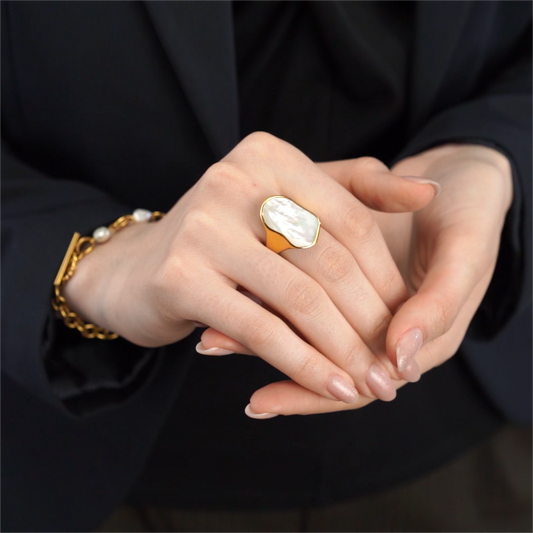 Irregular White Shell Titanium Ring in Sterling Silver gold model