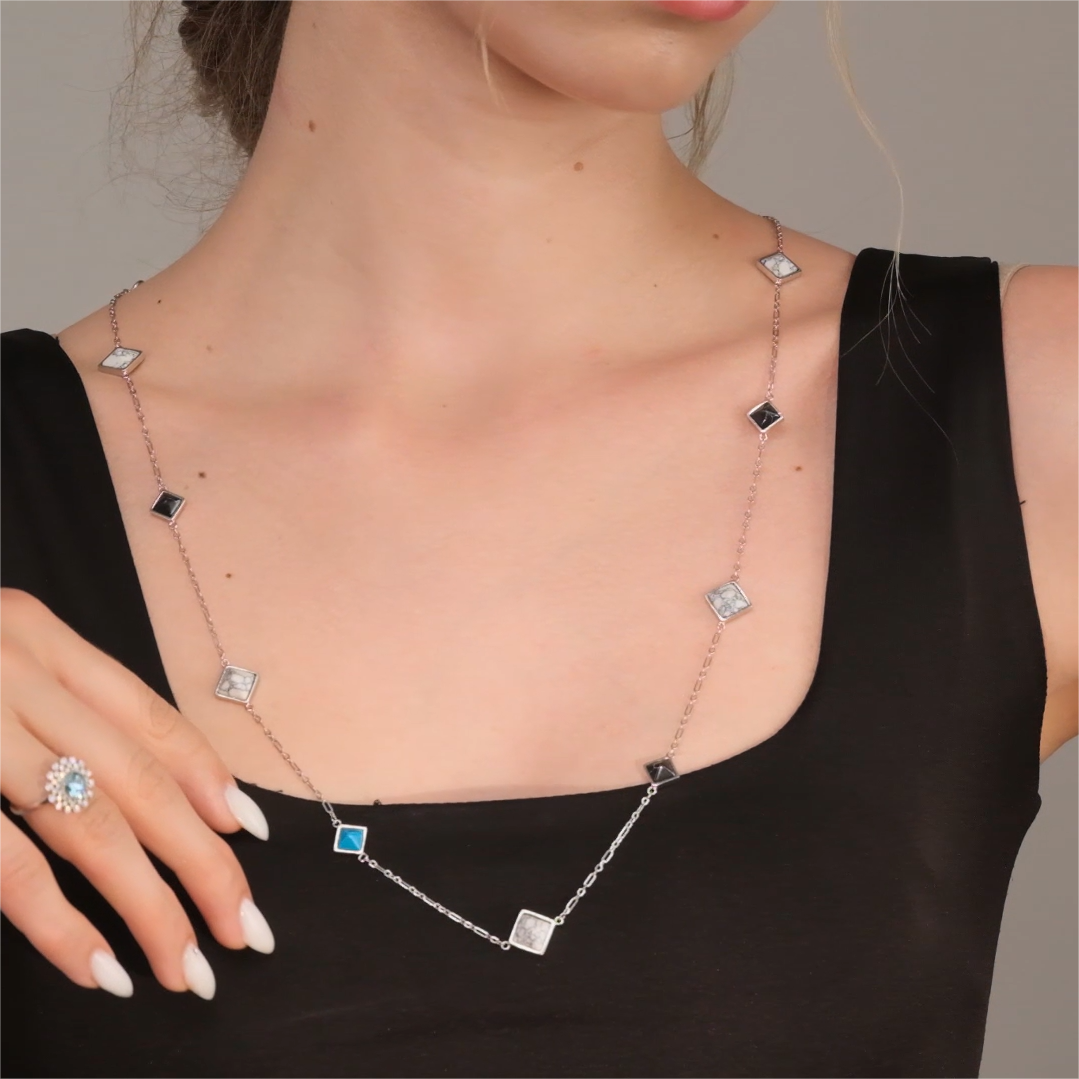 Quadrilateral Turquoise Long Necklace in Sterling Silver model