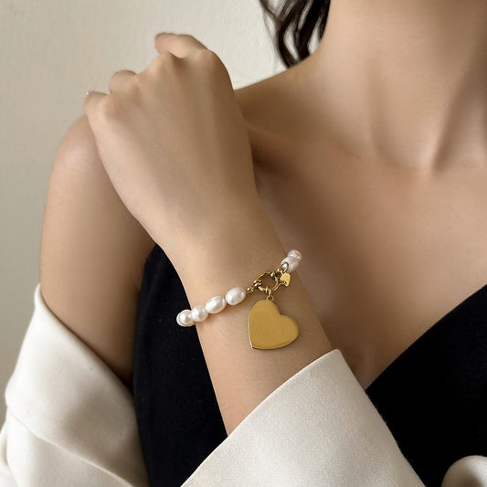 Custom Love Heart Baroque Pearl Bracelet in Stainless model