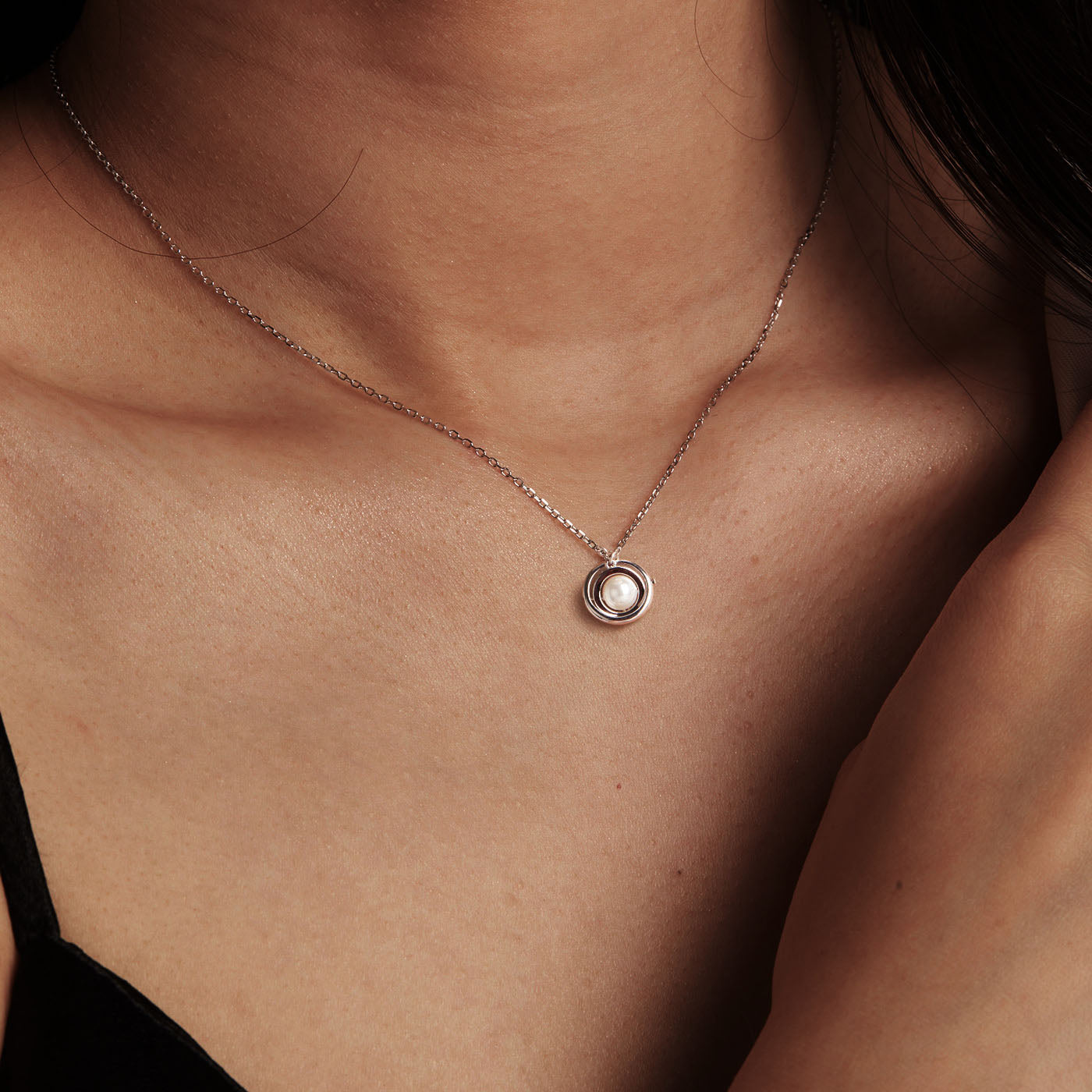 Planet Rotating Pearl Zircon Necklace in Sterling Silver model