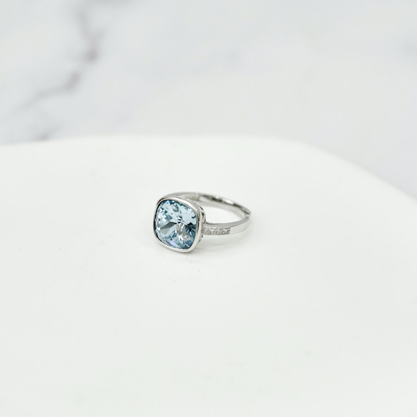 Solitaire Color Swarovski Crystal Ring in Sterling Silver blue ring side