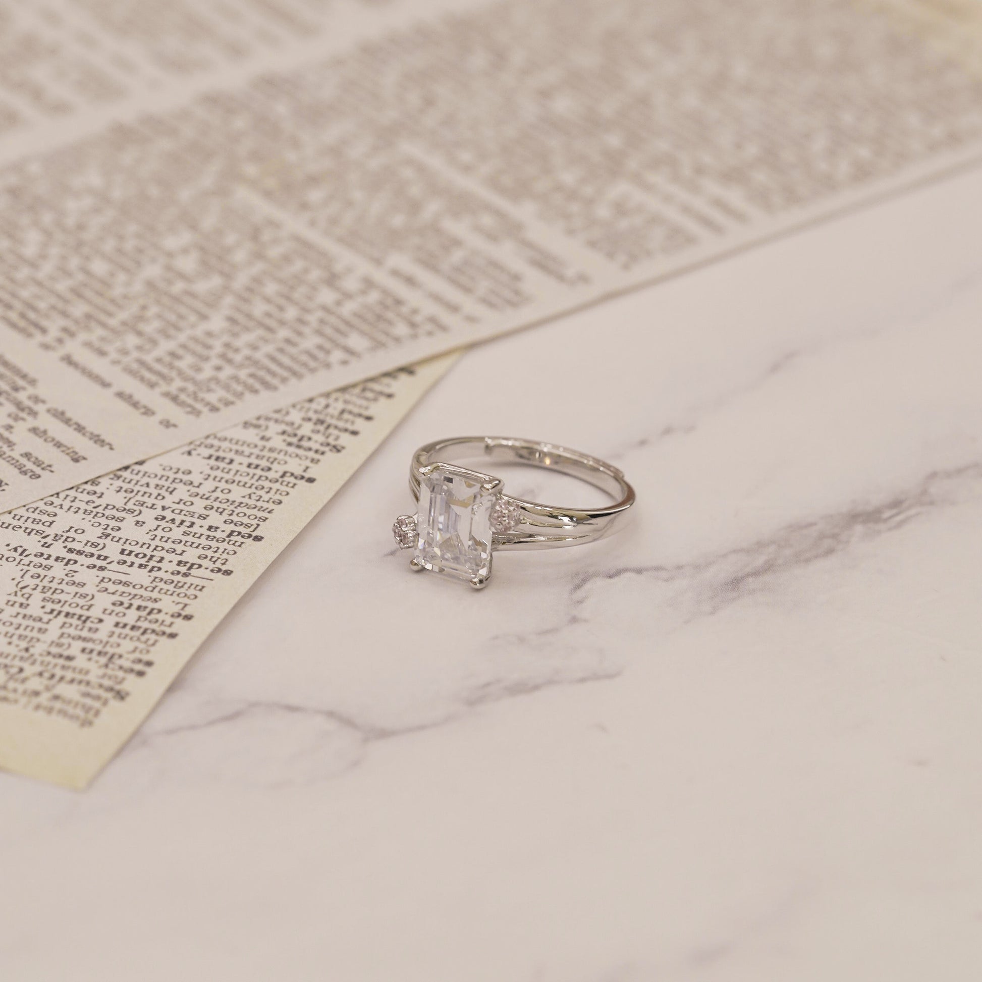 Retangle and Pink Flower Zircon Ring in Sterling Silver