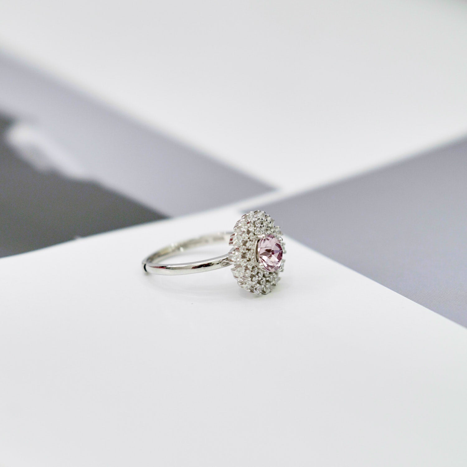 Snowflake Swarovski Crystal Ring in Sterling Silver pink side