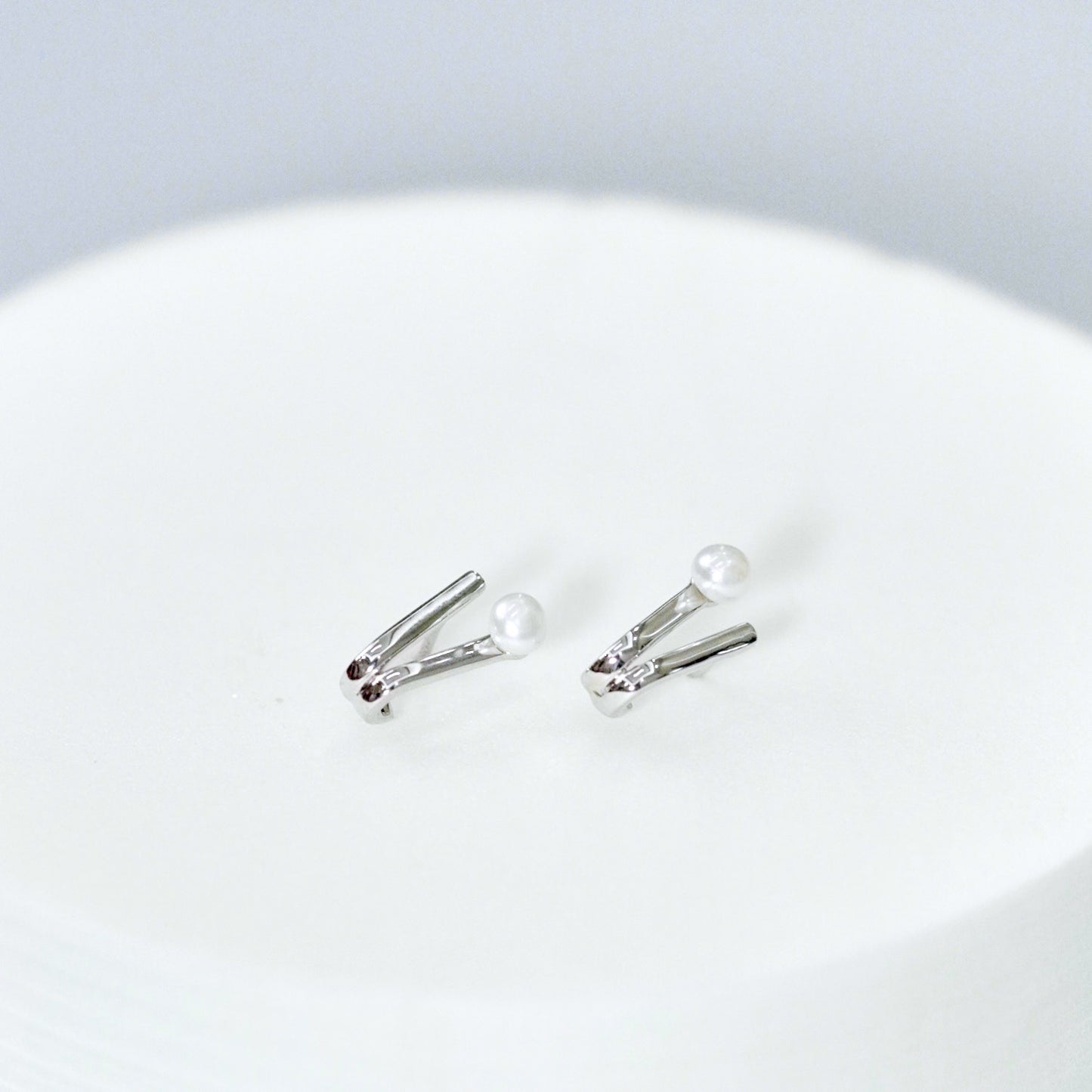 V Shaped Pearl Stud Earrings in Sterling Silver 