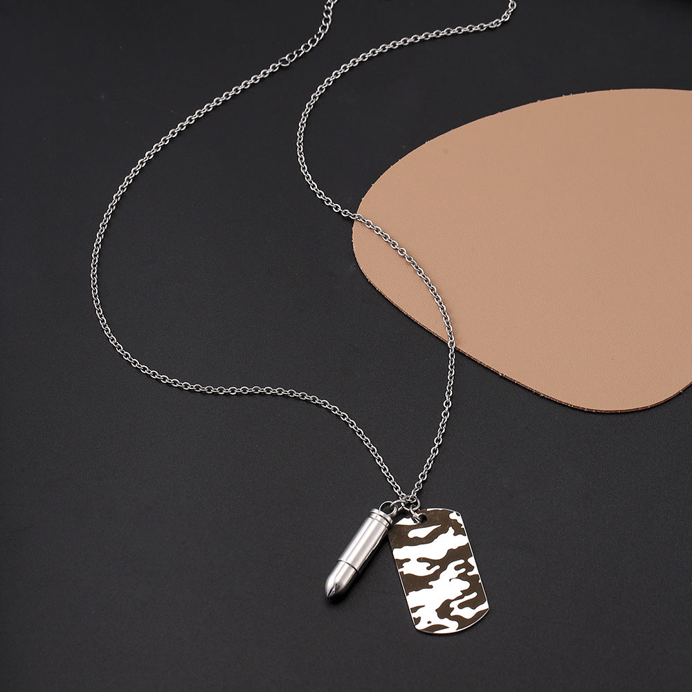 Bullet Dog Tag Long Necklace in Titanium