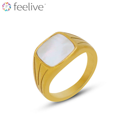 Square White Seashell Ring in Titanium gold - Feelive