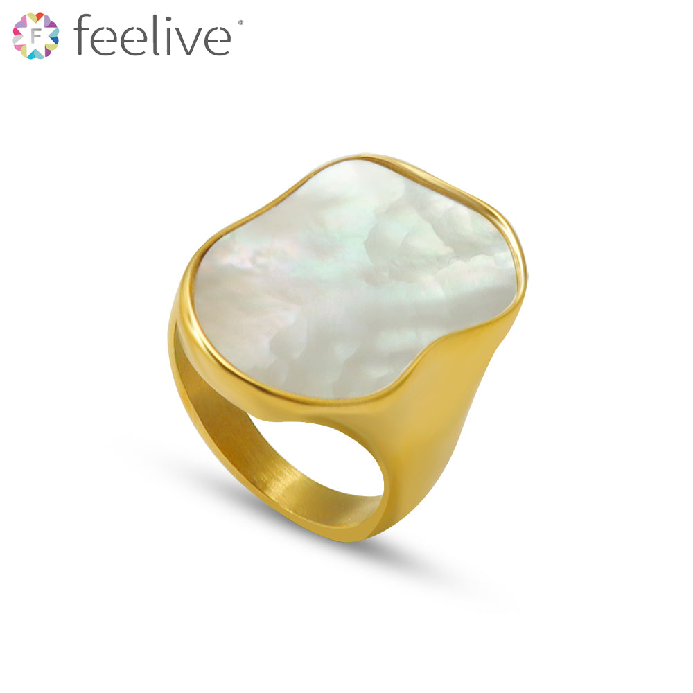 Irregular White Shell Gold Plated Titanium Ring