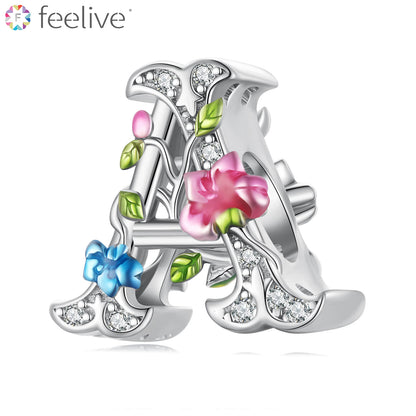 Flowers Letter A Gem Charm Bead in Sterling Silver - Feelive