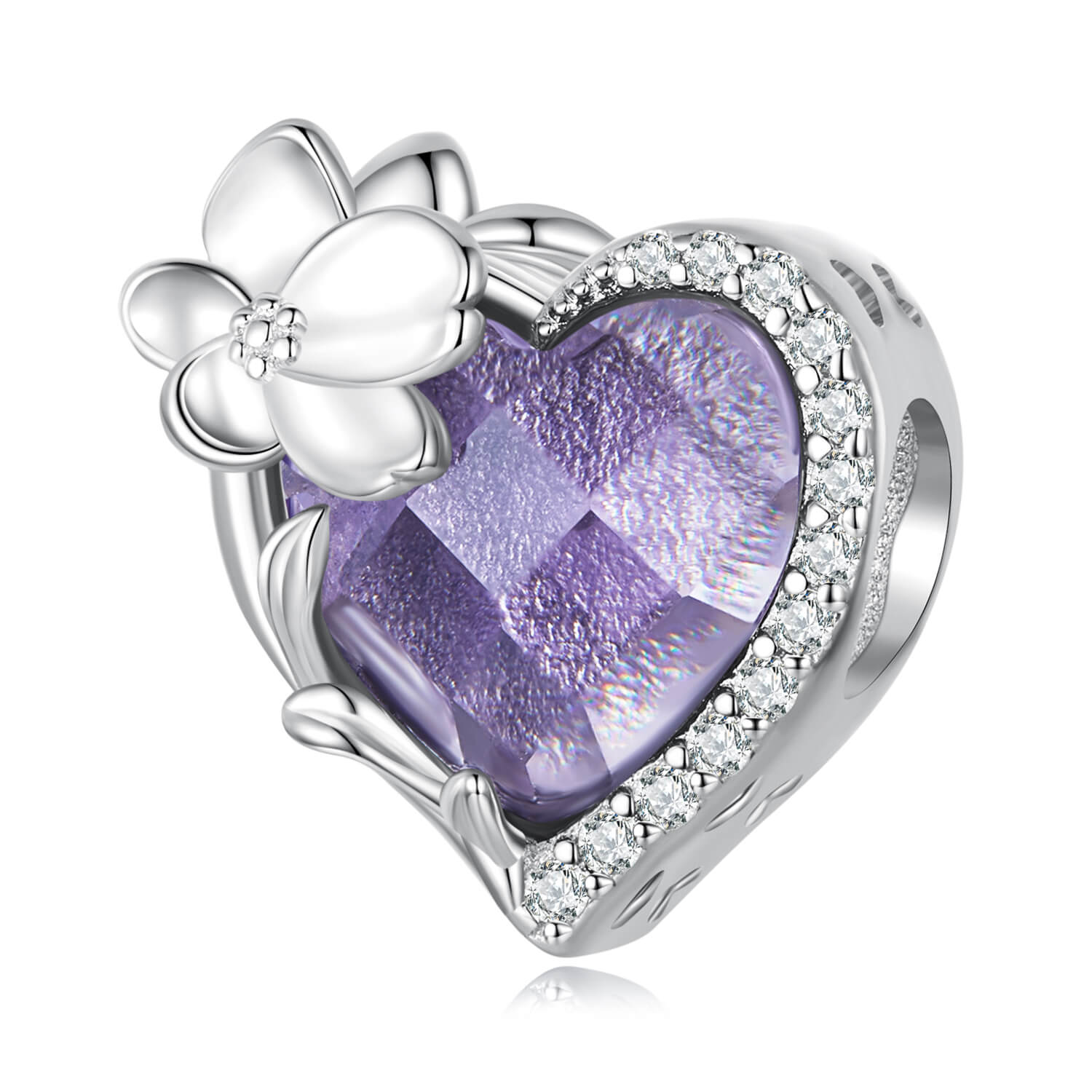 Twelve Month Flowers and Birthstones Zircon Charm in Sterling Silver - February Amethyst