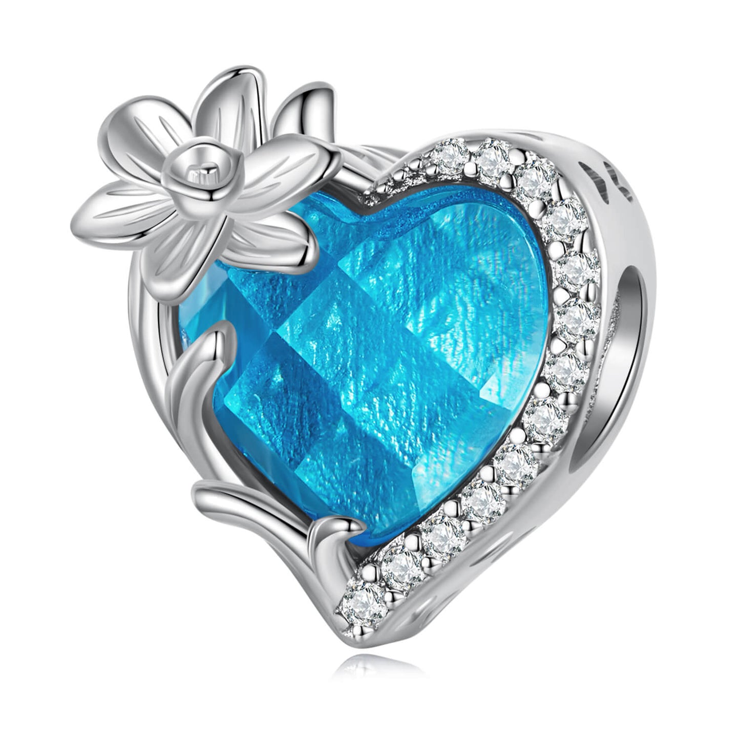 Twelve Month Flowers and Birthstones Zircon Charm in Sterling Silver - March Aquamarine