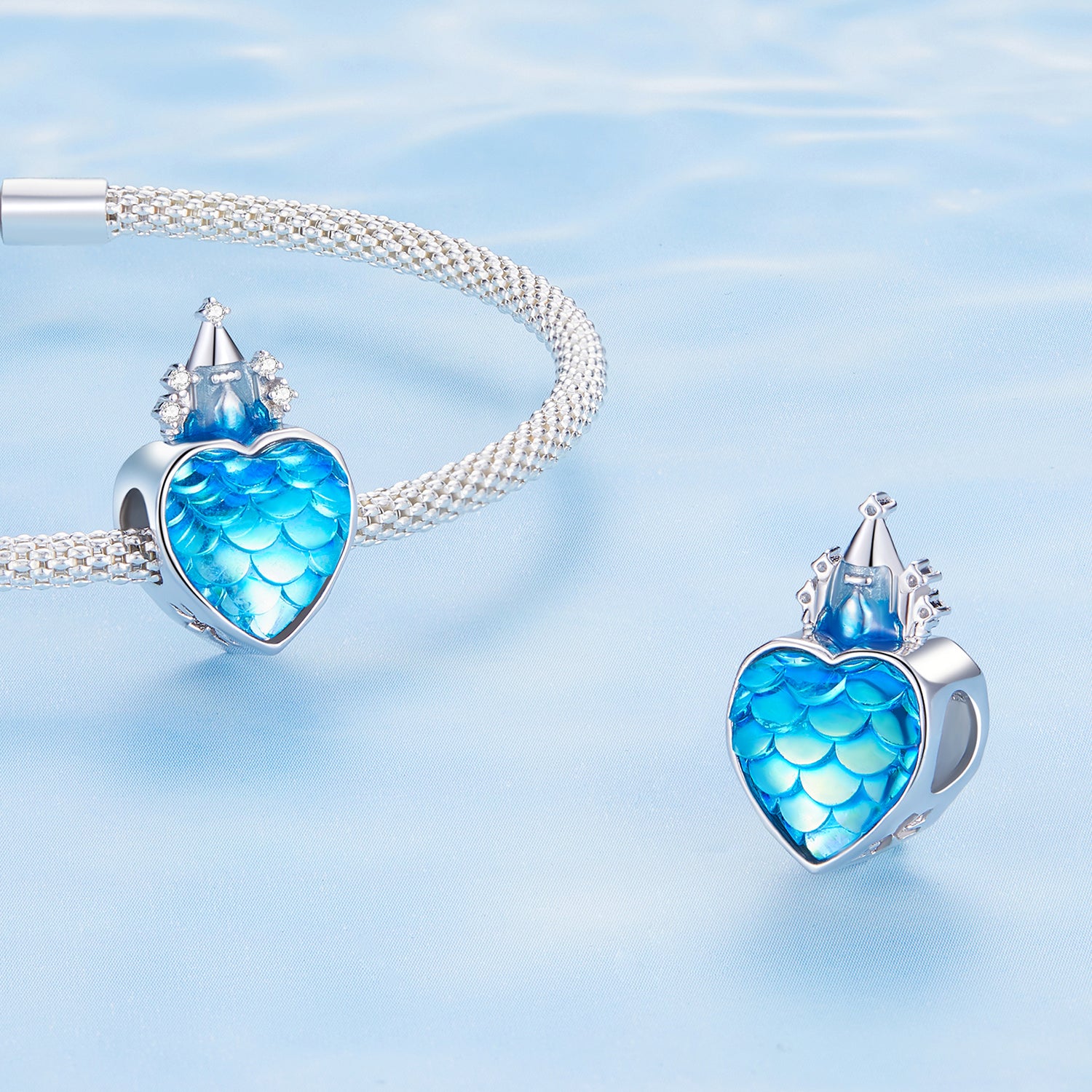 Ice Kingdom Zircon Enamel Moonstone Charms Set in Sterling Silver heart castle sides