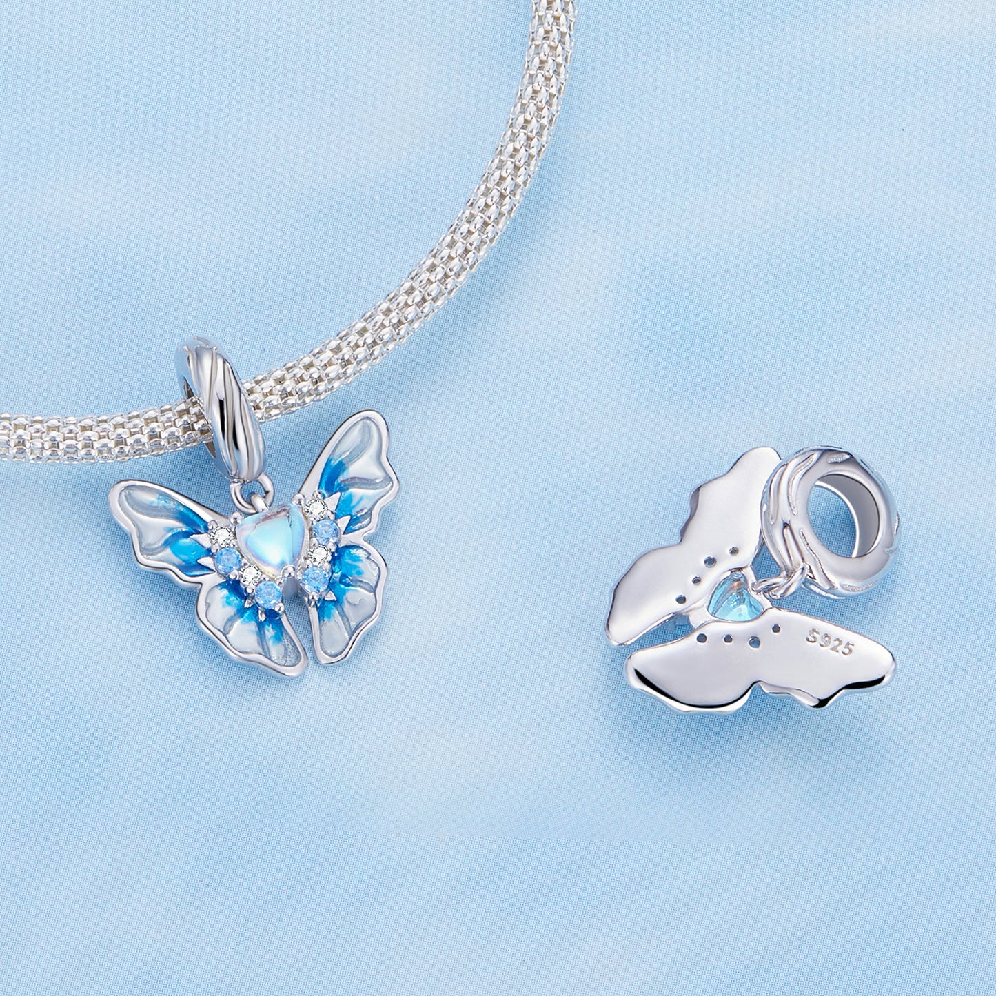 Ice Kingdom Zircon Enamel Moonstone Charms Set in Sterling Silver butterfly sides