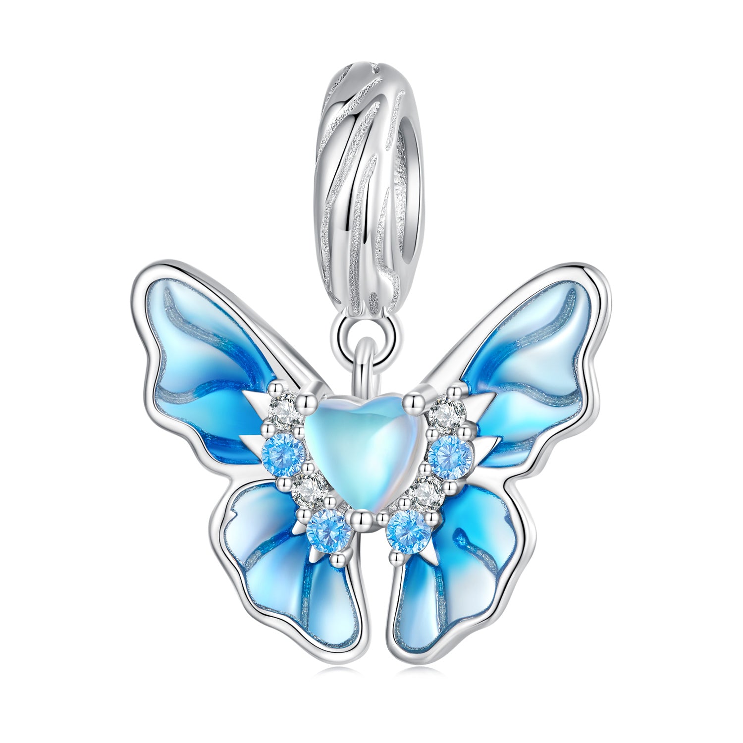 Ice Kingdom Zircon Enamel Moonstone Charms Set in Sterling Silver butterfly