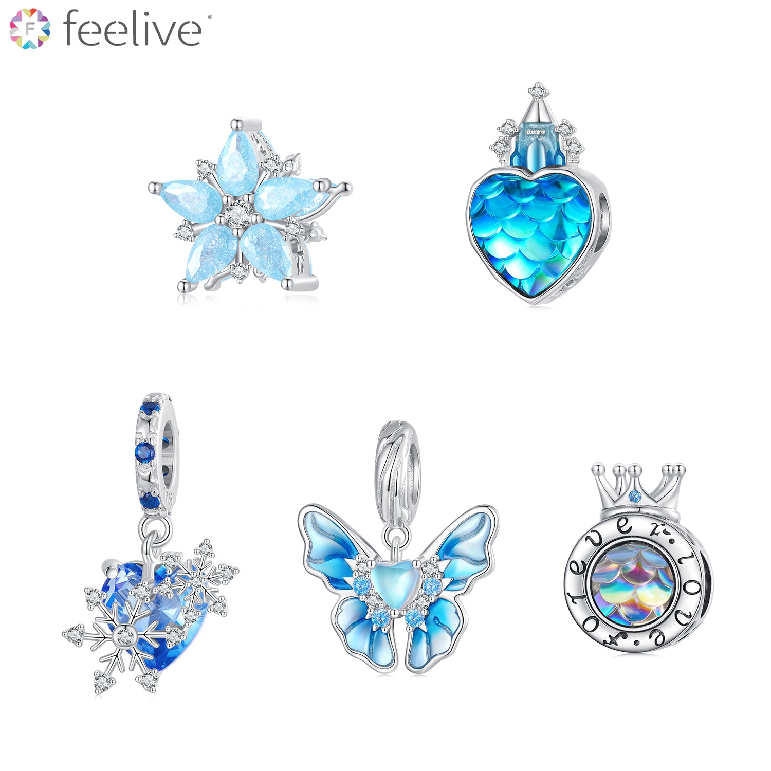 Ice Kingdom Zircon Enamel Moonstone Charms Set in Sterling Silver - Feelive