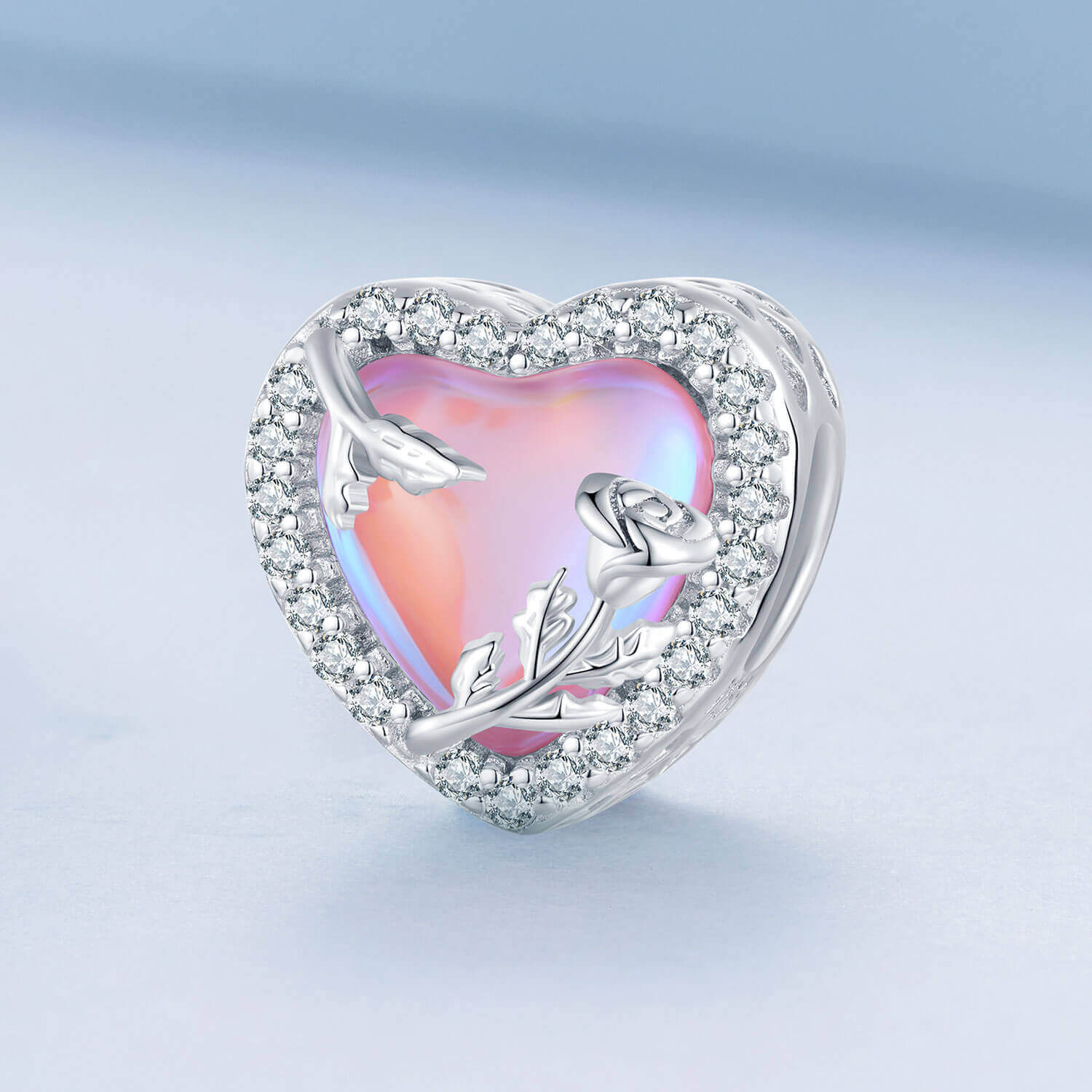 Blooming Pink Love Glass Zirconia Charm Set in Sterling Silver pink rose love front