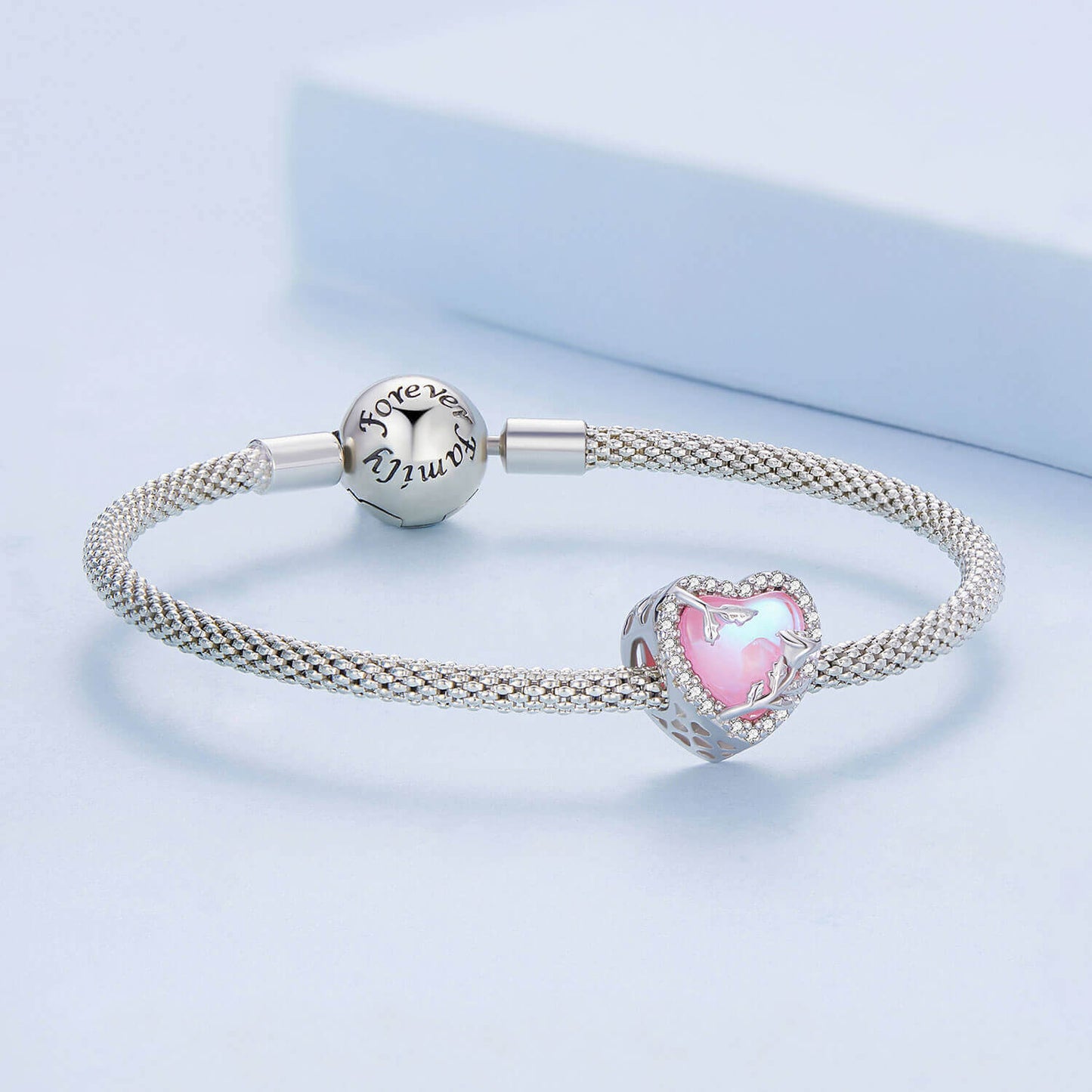 Blooming Pink Love Glass Zirconia Charm Set in Sterling Silver pink rose love bracelet accessory