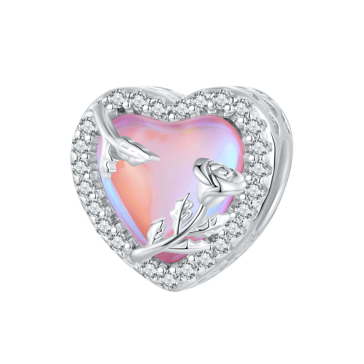 Blooming Pink Love Glass Zirconia Charm Set in Sterling Silver heart butterfly pink rose love