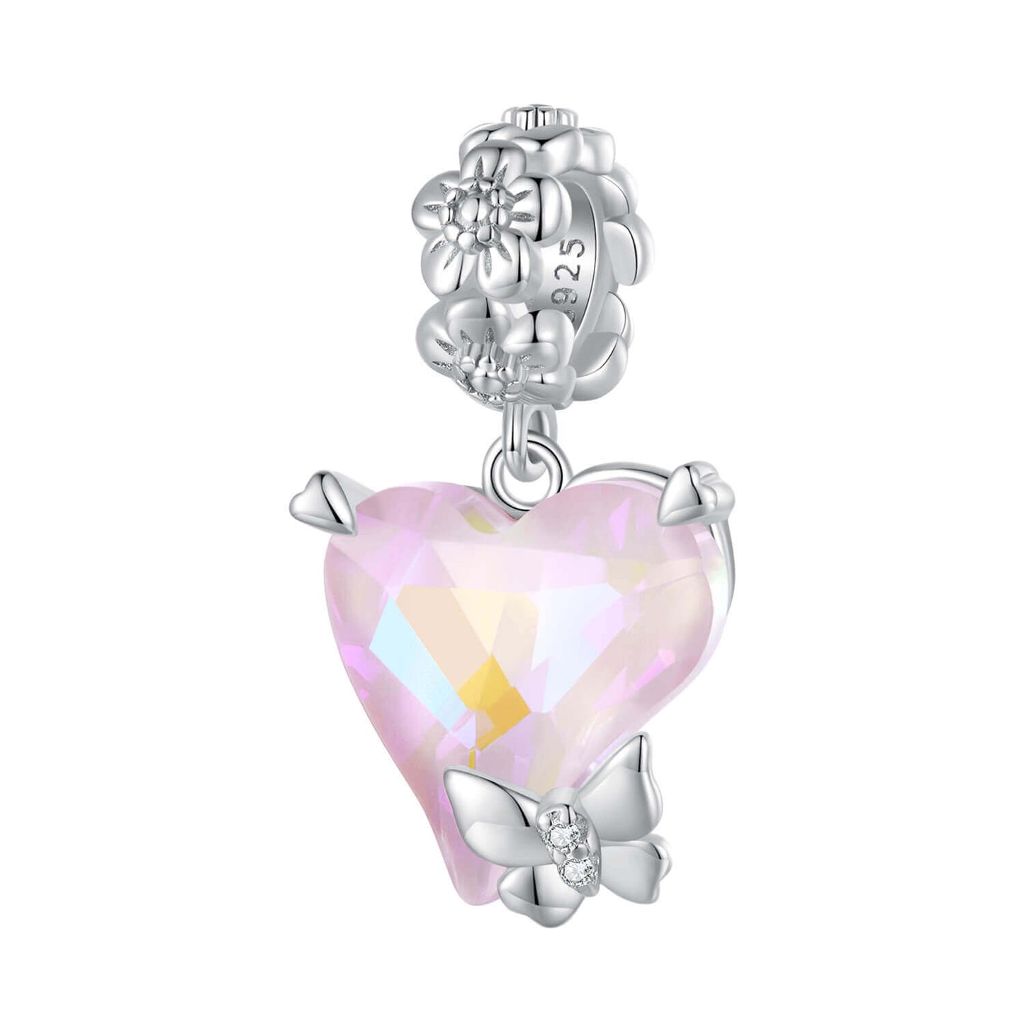 Blooming Pink Love Glass Zirconia Charm Set in Sterling Silver heart butterfly heart butterfly