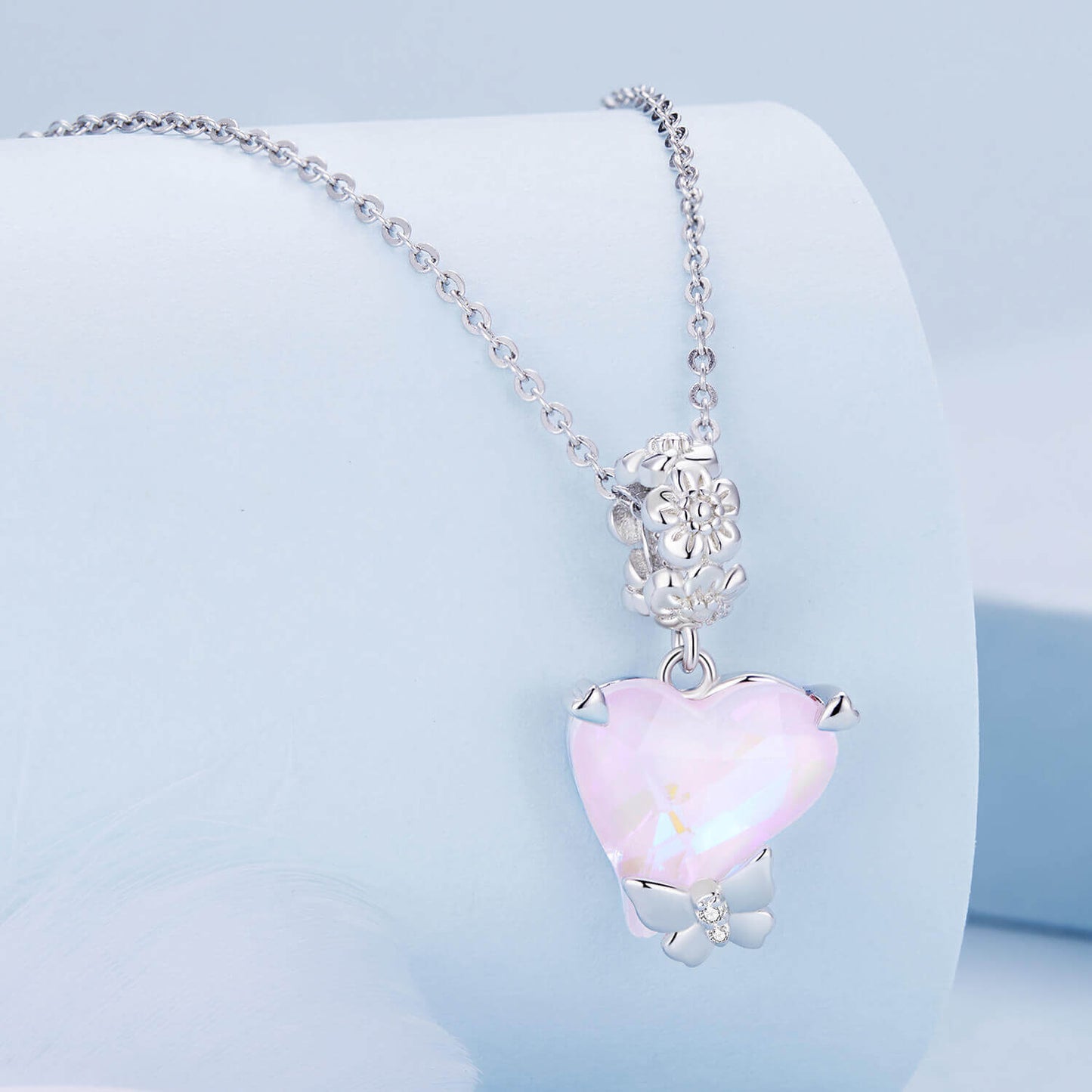 Blooming Pink Love Glass Zirconia Charm Set in Sterling Silver heart butterfly necklace pendant