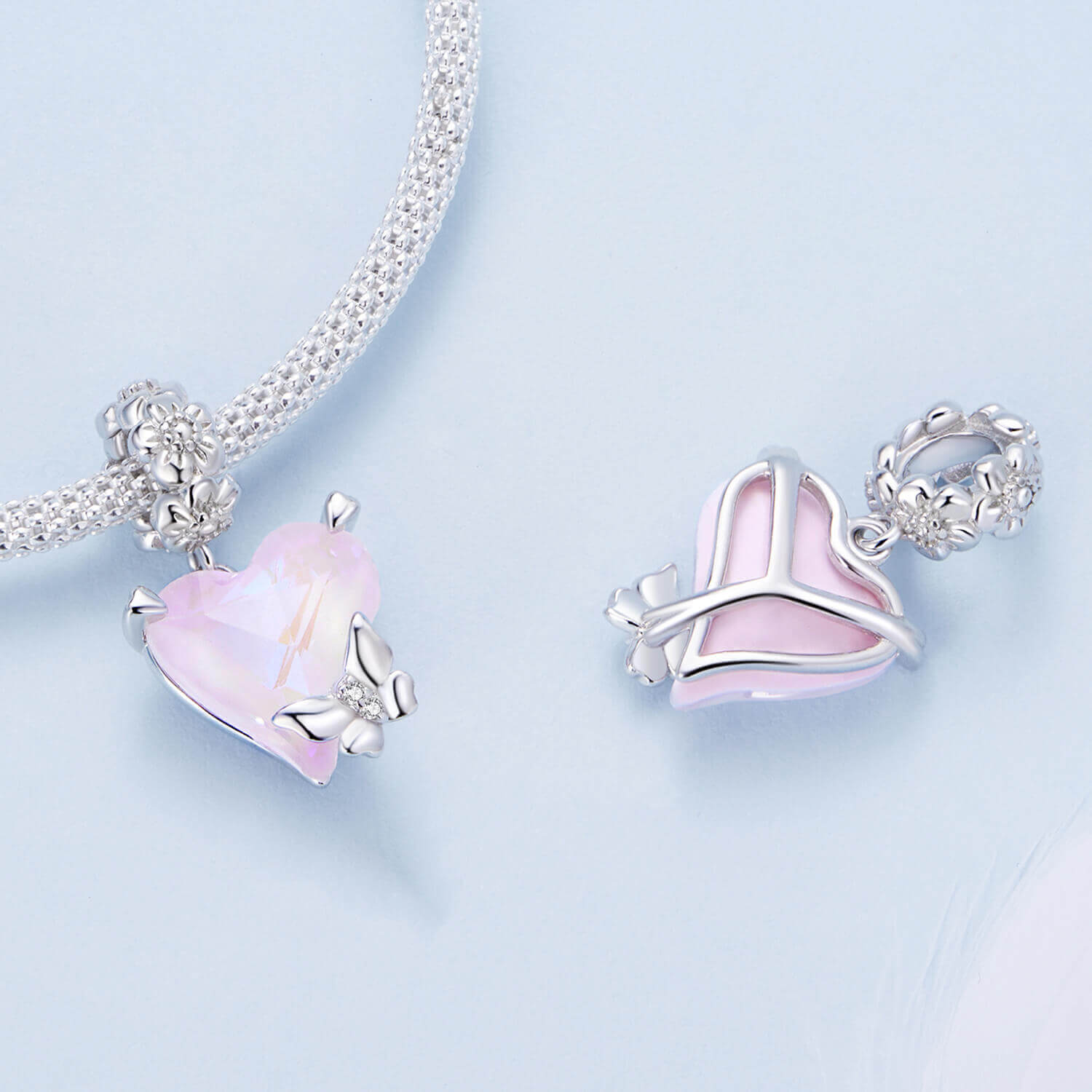 Blooming Pink Love Glass Zirconia Charm Set in Sterling Silver heart butterfly front and back