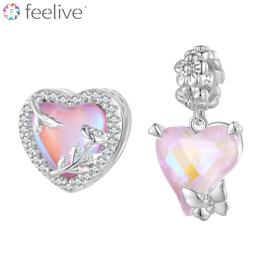 Blooming Pink Love Glass Zirconia Charm Set in Sterling Silver - Feelive