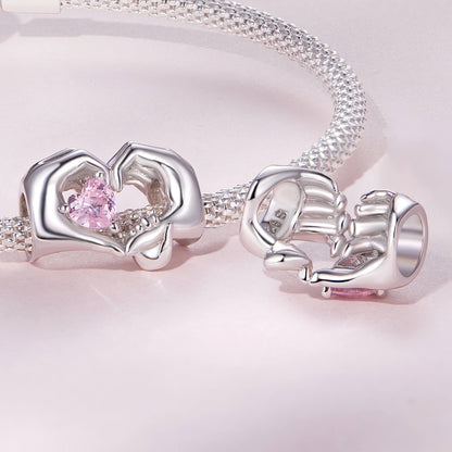 Shine the Mother's Day Zircon Charms Set in Sterling Silver heart gesture front and back