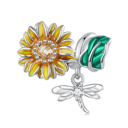 Sunflower Garden Enamel Zirconia Charm Set in Sterling Silver dragonfly charm