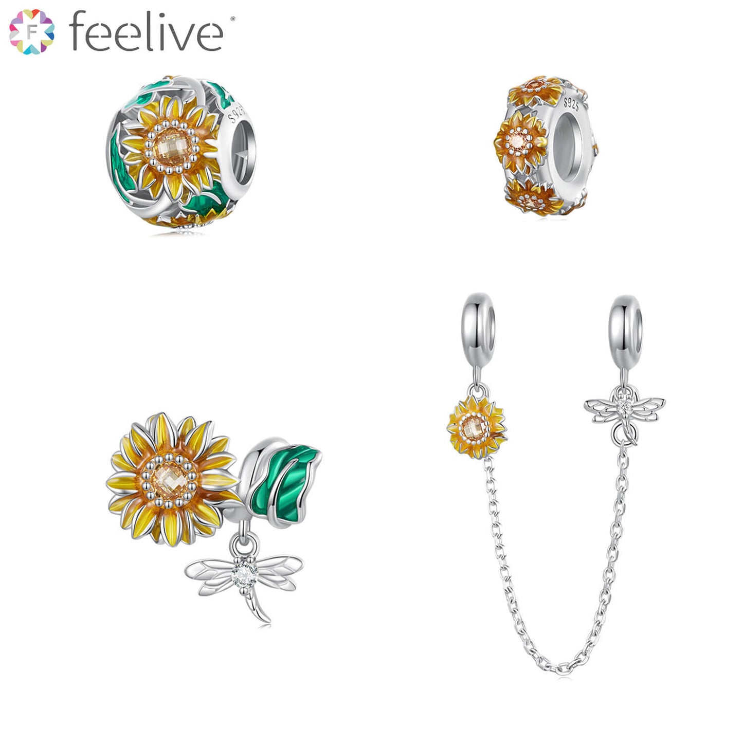 Sunflower Garden Enamel Zirconia Charm Set in Sterling Silver - Feelive