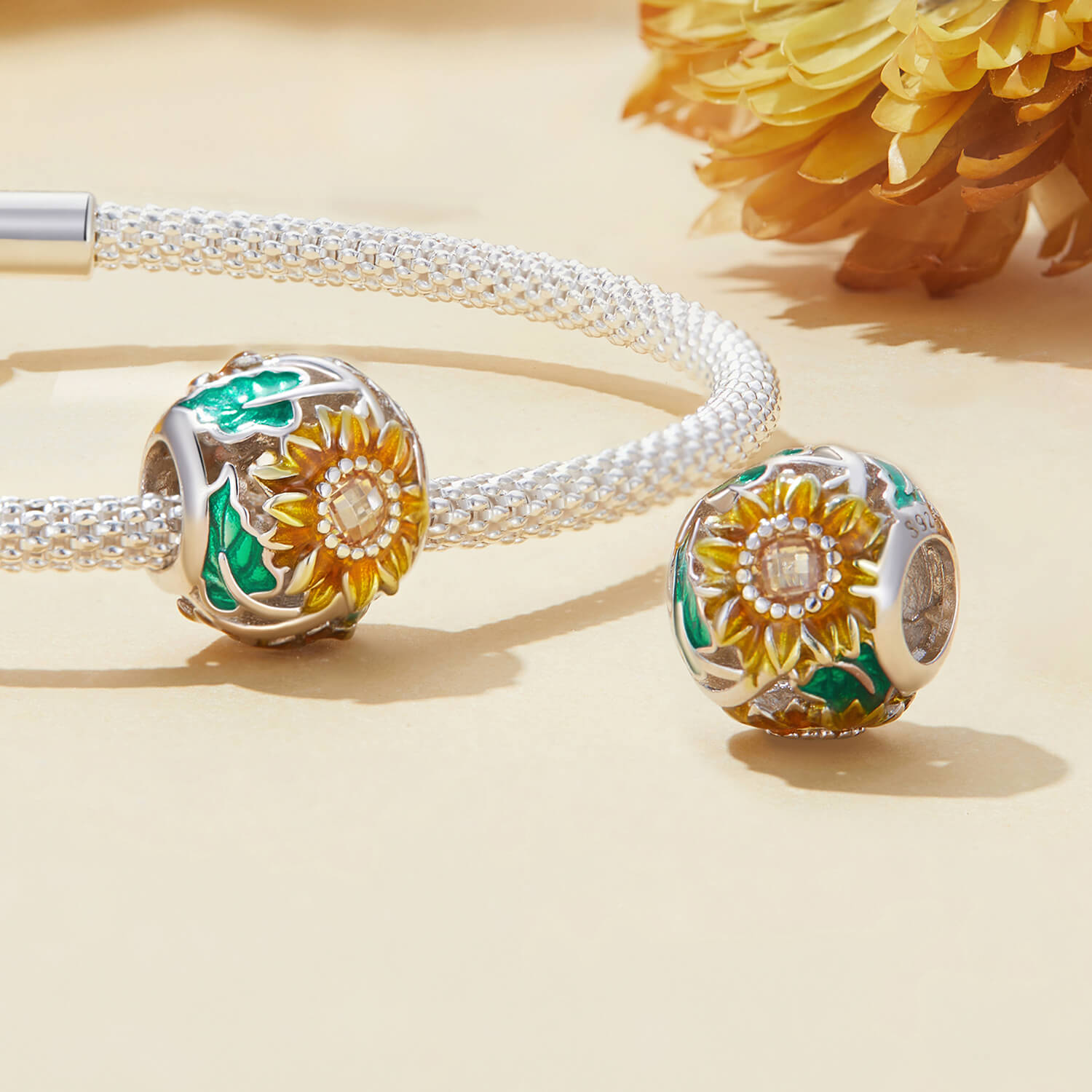 Sunflower Garden Enamel Zirconia Charm Set in Sterling Silver ball charm sides