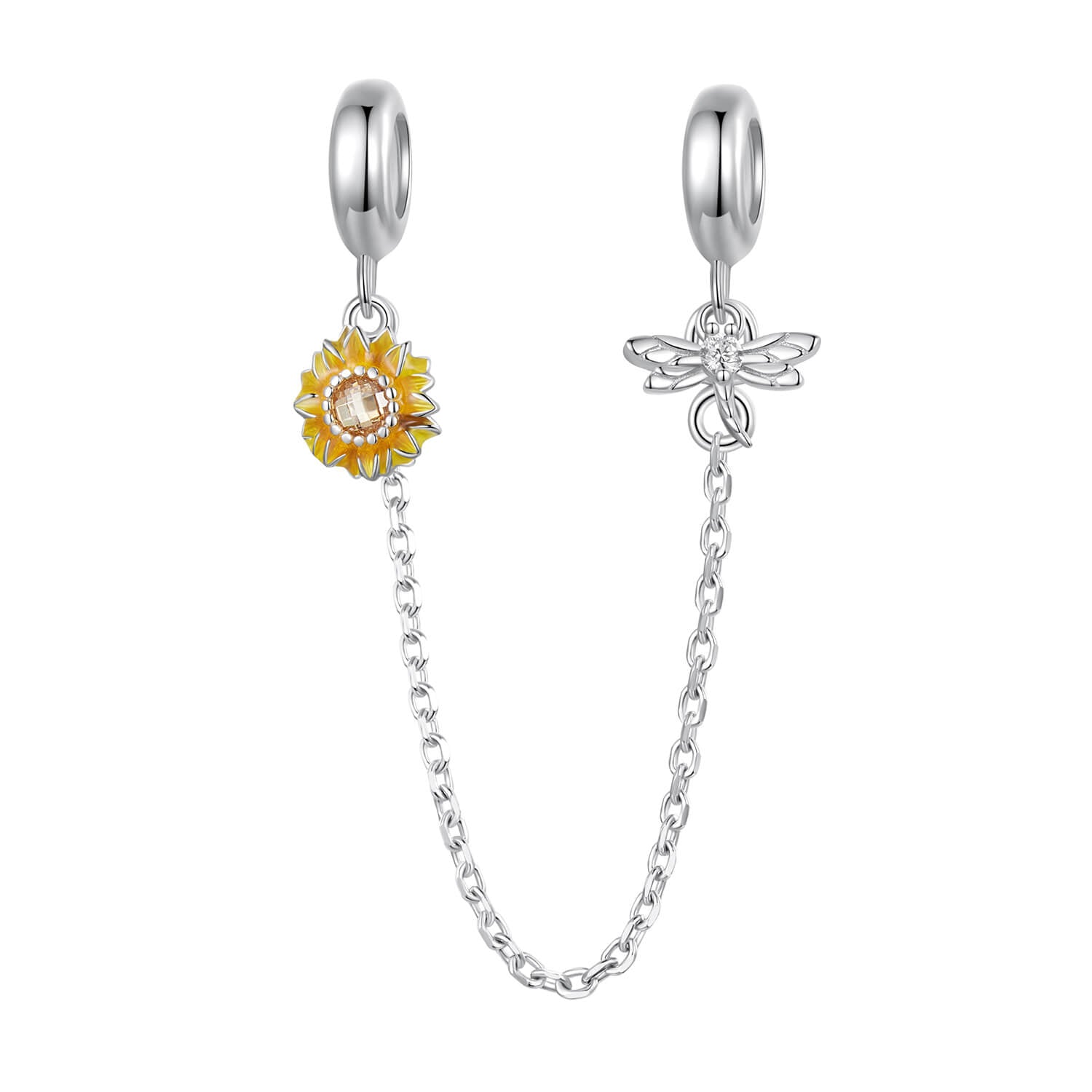 Sunflower Garden Enamel Zirconia Charm Set in Sterling Silver safety chain charm