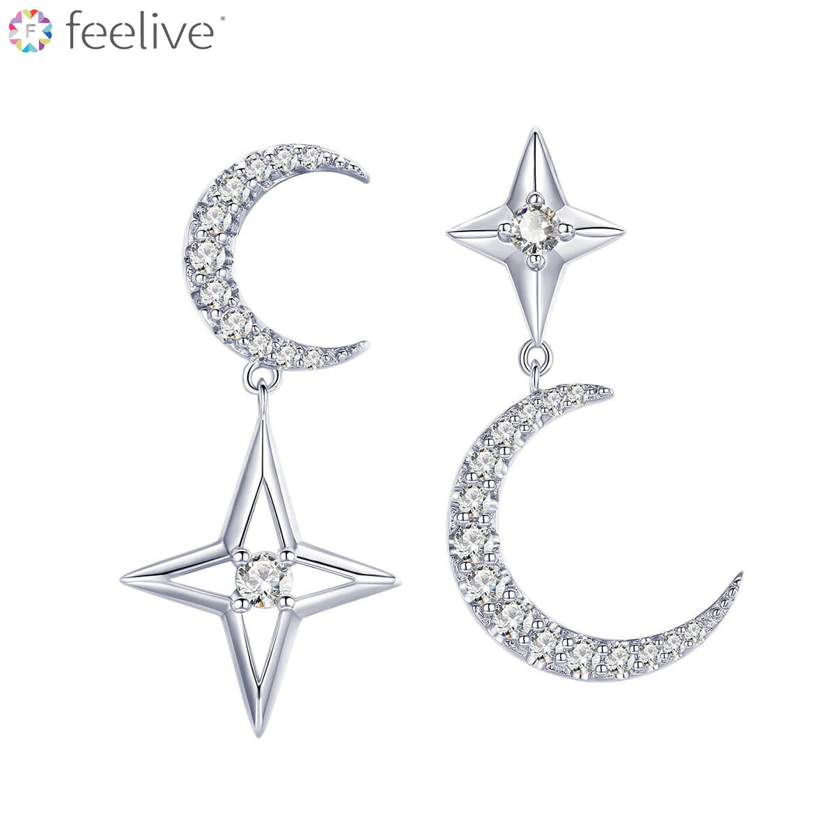 Asymmetrical Design Star Moon Drop Zircon Earrings in Sterling Silver - Feelive