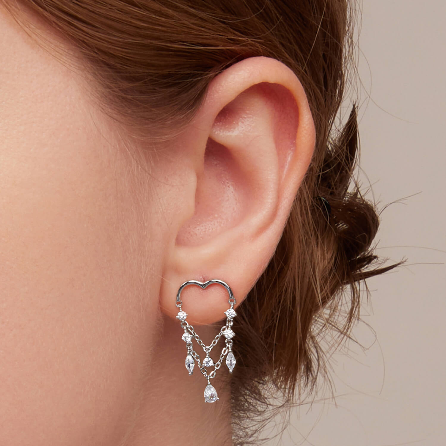 Heart Tassel Zircon Earrings in Sterling Silver model