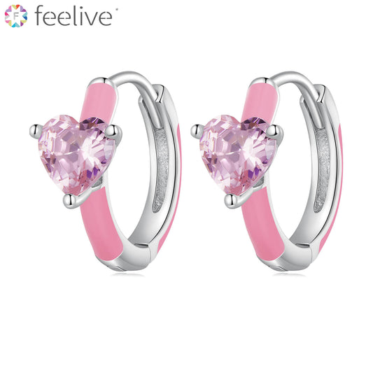 Pink Heart Zirconia Enamel Earrings in Sterling Silver - Feelive