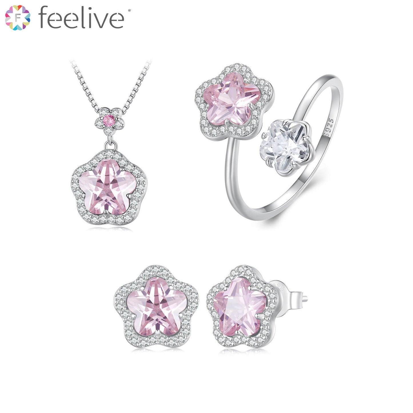 Romantic Cherry Blossom Gems Jewellery Set in Sterling Silver - Feelive