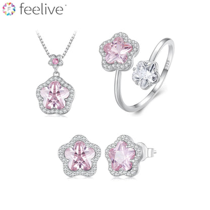 Romantic Cherry Blossom Gems Jewellery Set in Sterling Silver - Feelive