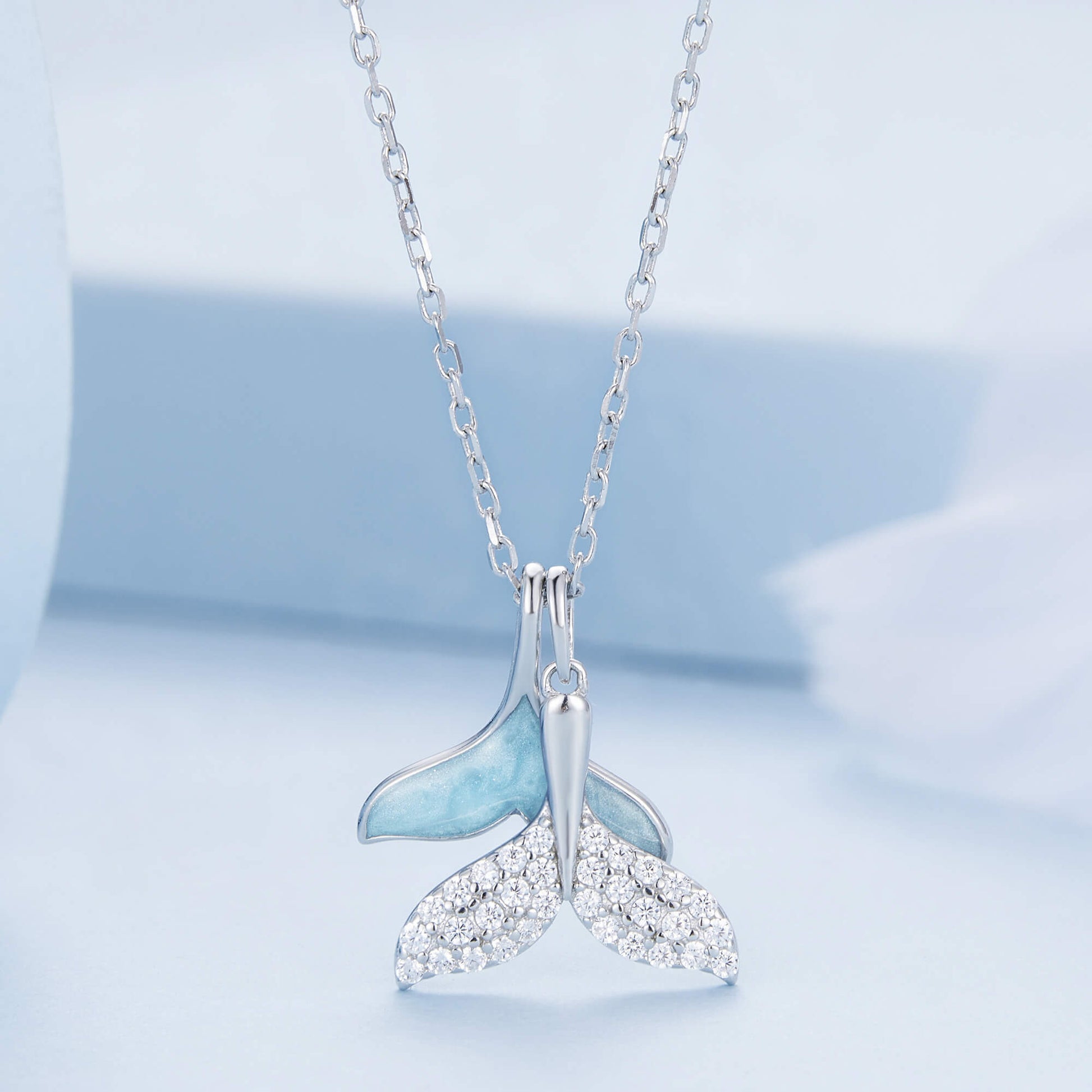 Whale Tail Zircon Enamel Necklace in Sterling Silver front