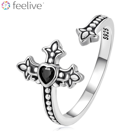 Vintage Cross Zircon Open Ring in Sterling Silver