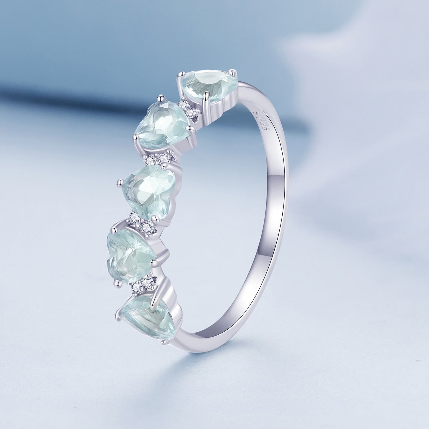 Heart Imitation Aquamarine Zircon Half Eternity Ring in Sterling Silver side