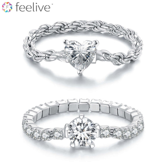 Simple Geometric Zirconia Chain Ring Set in Sterling Silver - Feelive