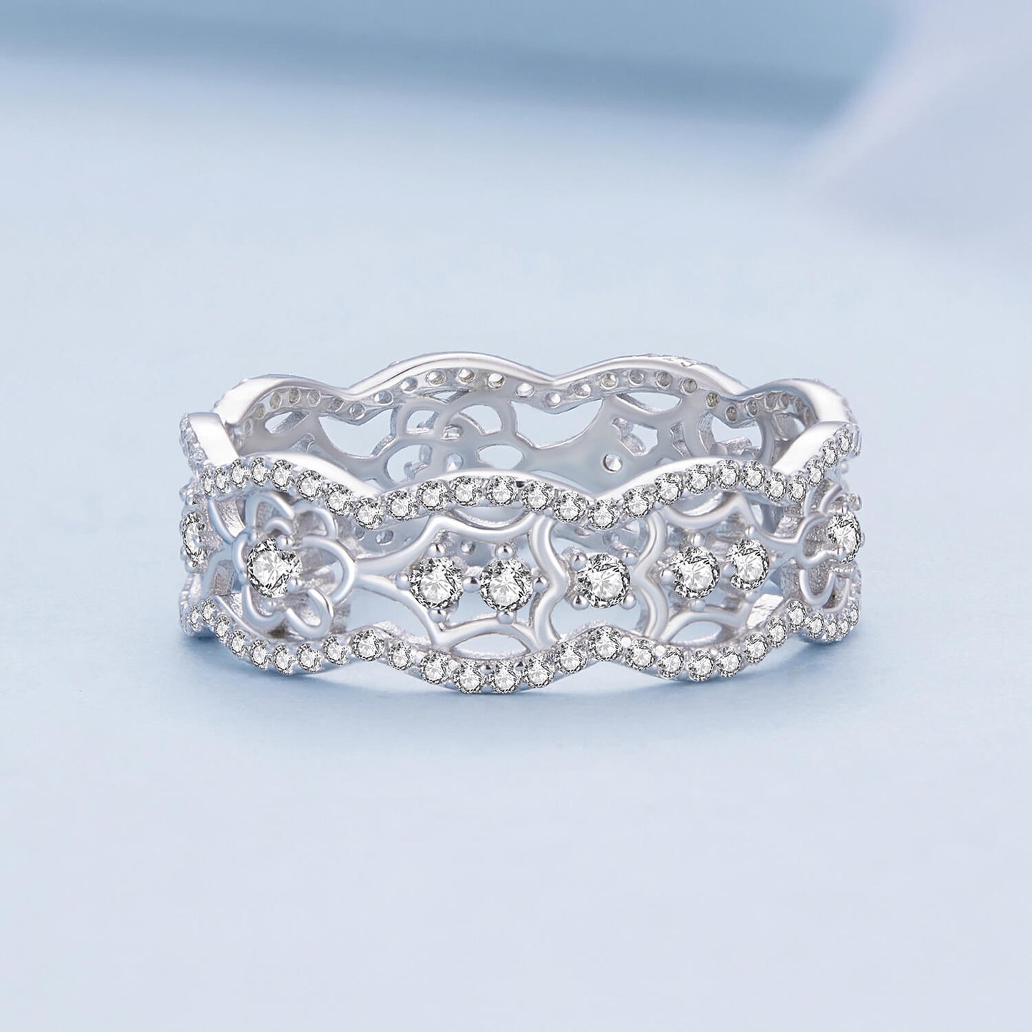 Vintage Camellia Lace Zirconia Ring in Sterling Silver front