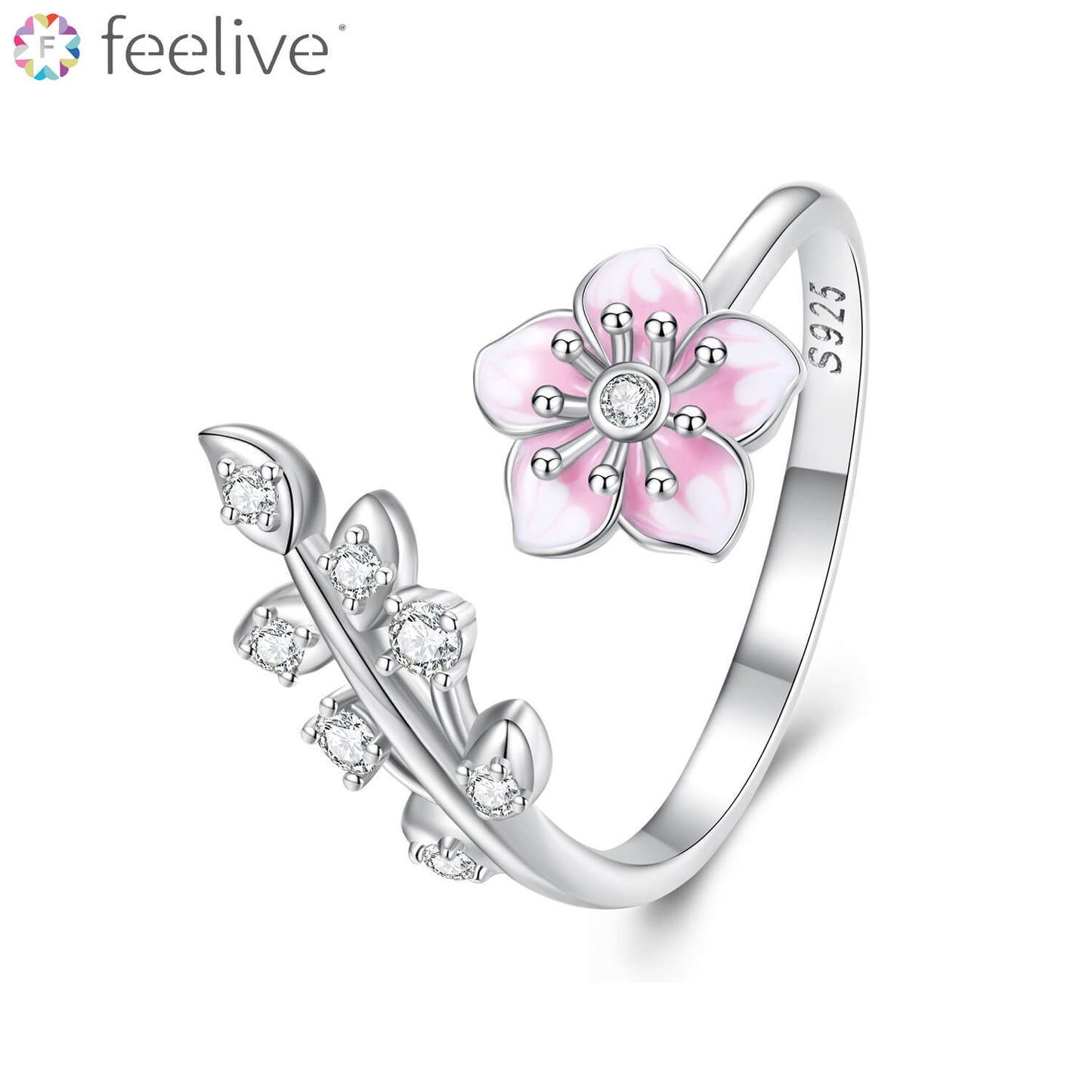 Romantic Cherry Blossom Enamel Zircon Ring in Sterling Silver - Feelive