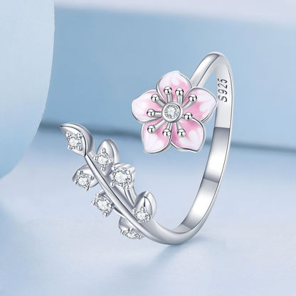 Romantic Cherry Blossom Enamel Zircon Ring in Sterling Silver side