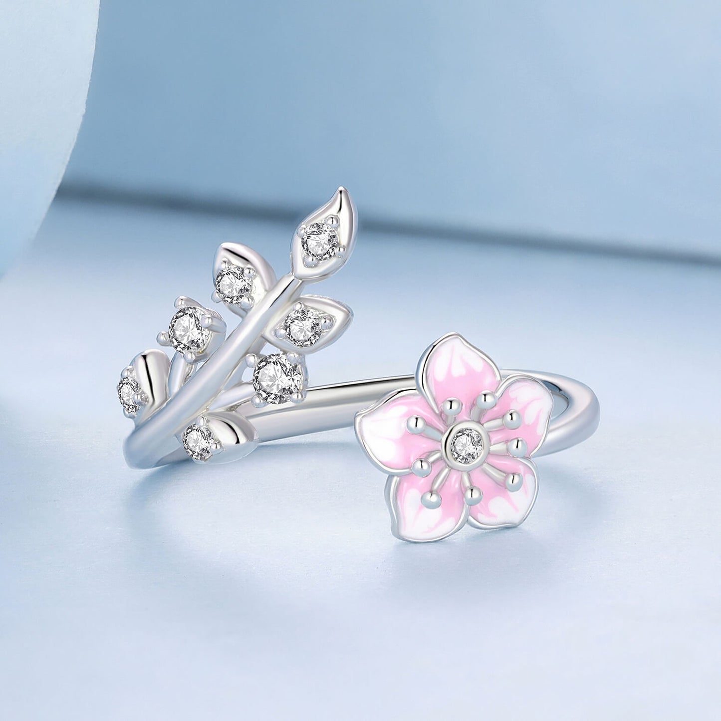 Romantic Cherry Blossom Enamel Zircon Ring in Sterling Silver front