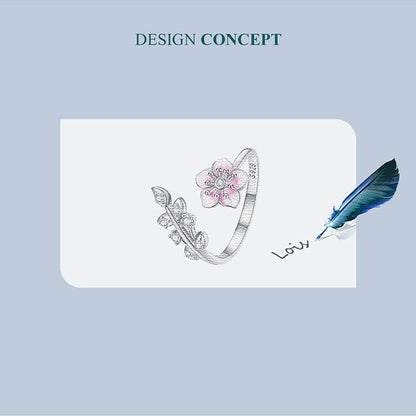 Romantic Cherry Blossom Enamel Zircon Ring in Sterling Silver manuscript