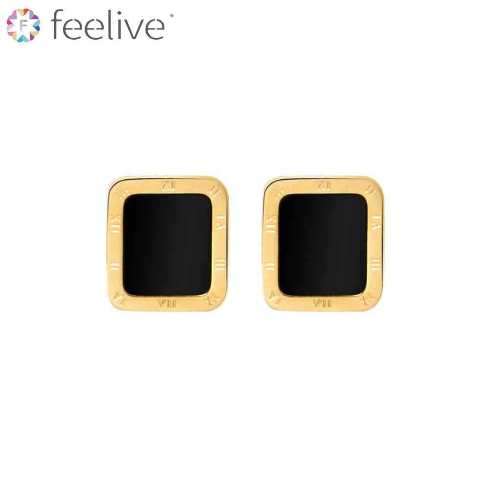 Roman Numeral Black Shell Gold Plated Titanium Stud Earrings