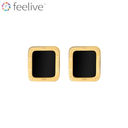 Roman Numeral Black Shell Gold Plated Titanium Stud Earrings